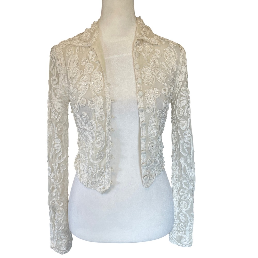 VTG Cache Y2K Coquette Ivory Lace Mesh‎ Sheer Beaded Crop Top Size S